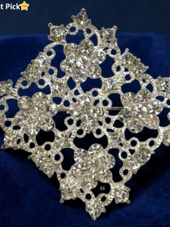Source Unknown Jewelry - Large 1960s Silver Filigree Rhinestone Brooch • Floral Lace Design